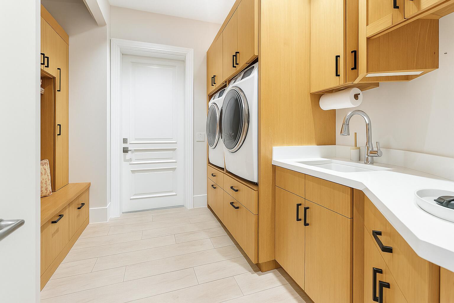 Laundry room with front-loading washer and dryer, light wood cabinetry, and a long countertop with utility sink.