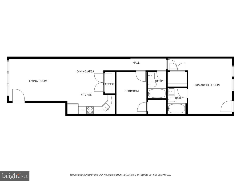 Floor plan showing a living room, kitchen, two bedrooms, and two bathrooms.