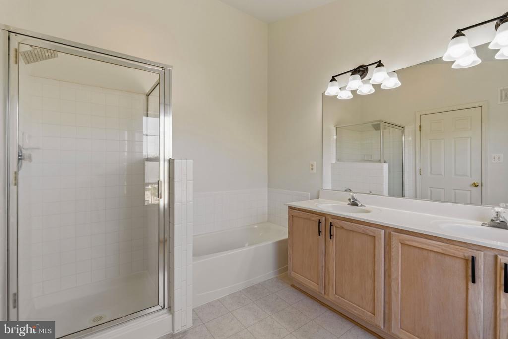 Bathroom with glass shower, bathtub, and long double-sink vanity beneath a large mirror.