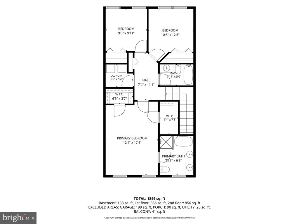 Three-bedroom home floor plan with room dimensions and total area of 1,849 square feet.
