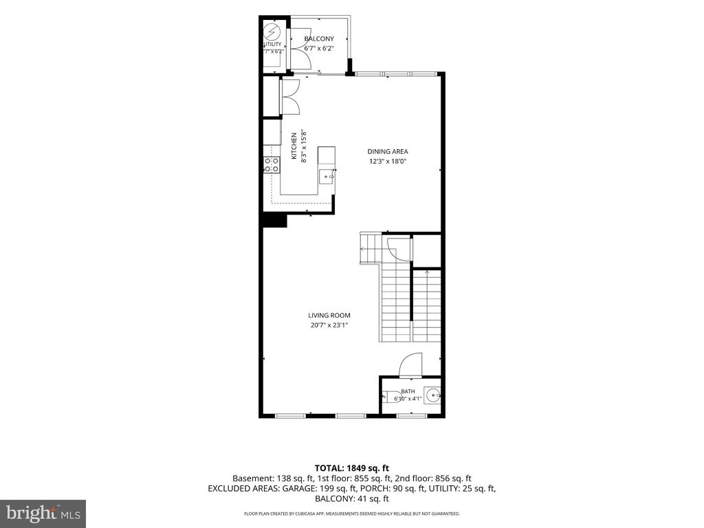 Floor plan showing kitchen, dining area, living room, bathroom, balcony, and stairs across multiple levels.