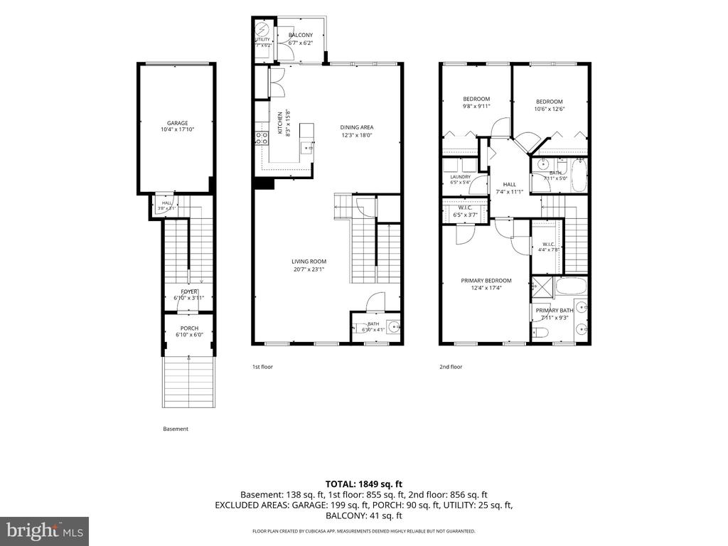 Three-level floor plan showing a garage, living and dining areas, balcony, and three bedrooms.