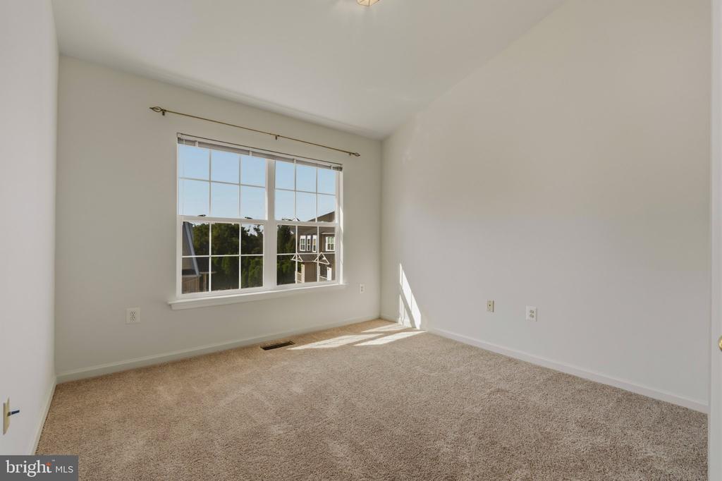 Empty carpeted bedroom with a large window and sunlight across the floor.