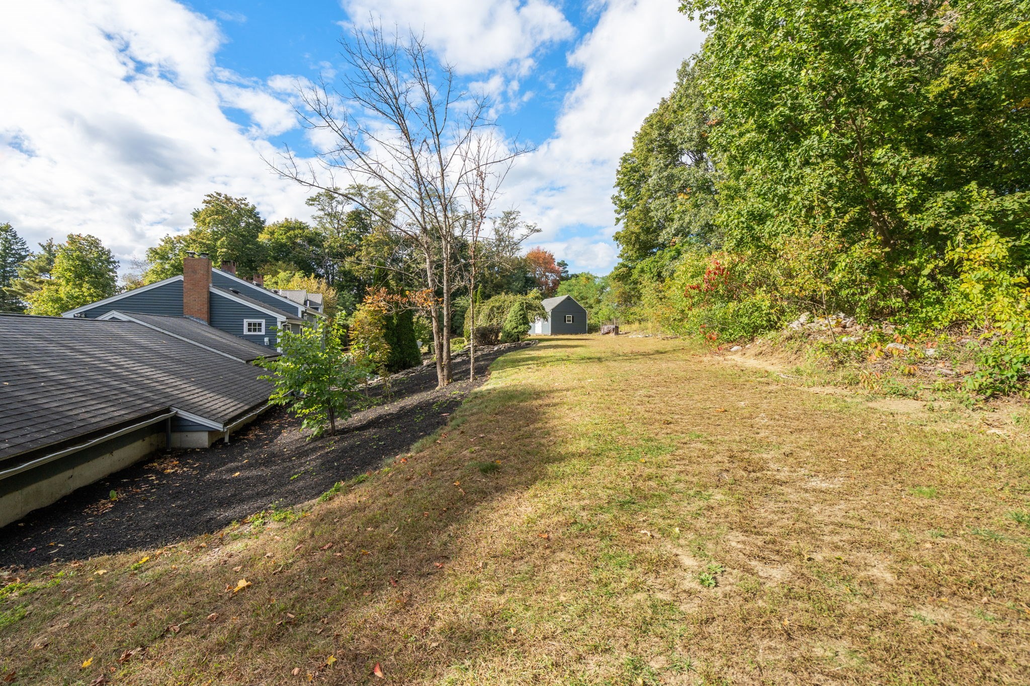 Sloping backyard with a small shed, mature trees, and the home along the left side.