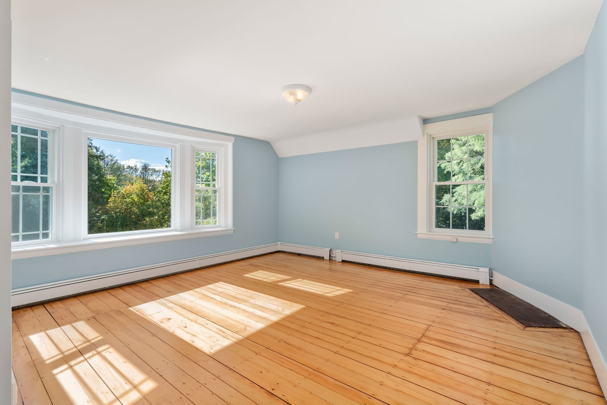 Empty pale blue room with wide windows, sunlit hardwood floors, and baseboard heating.