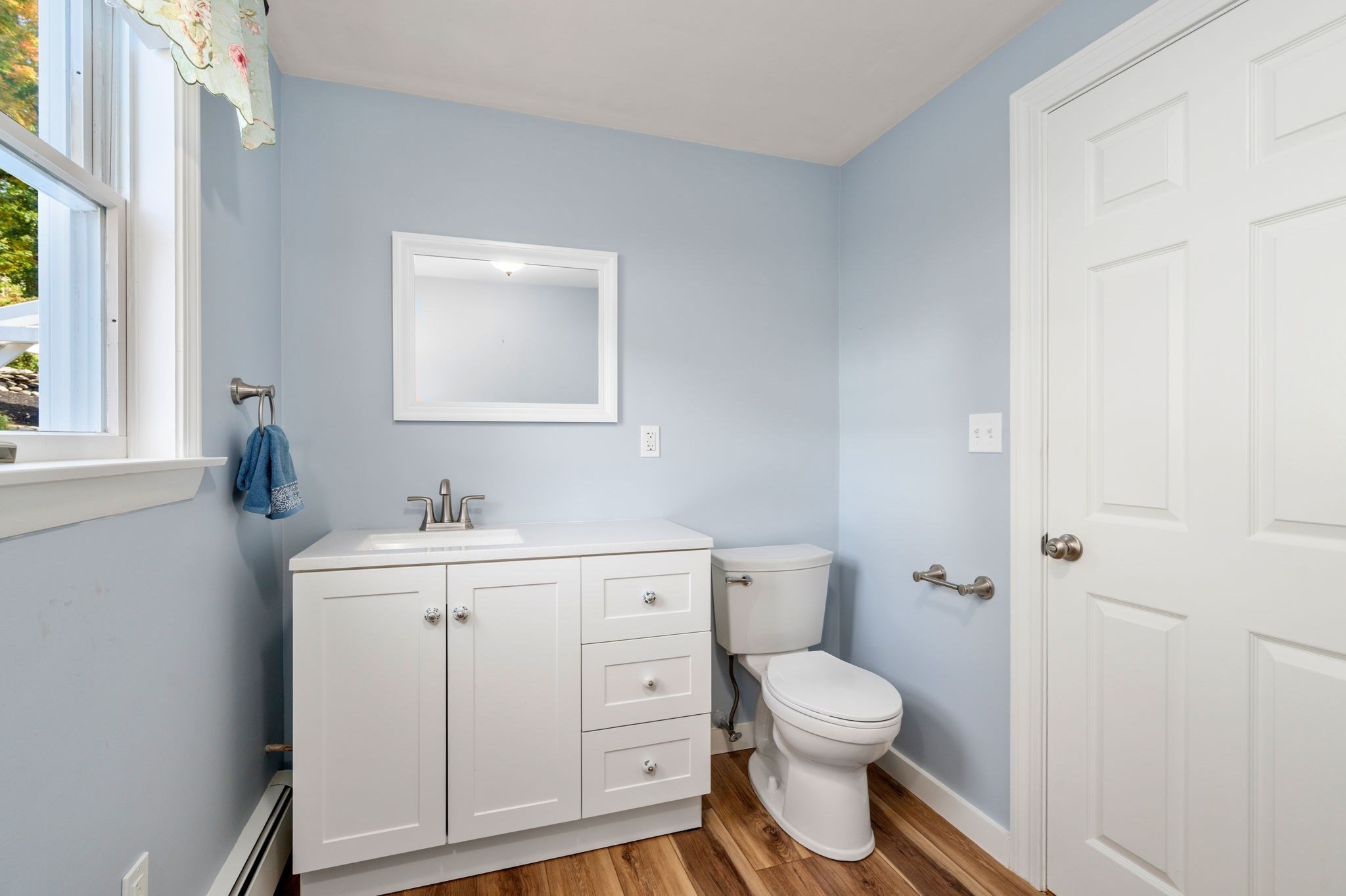 Bathroom with a white vanity and toilet, pale blue walls, and wood-look flooring.