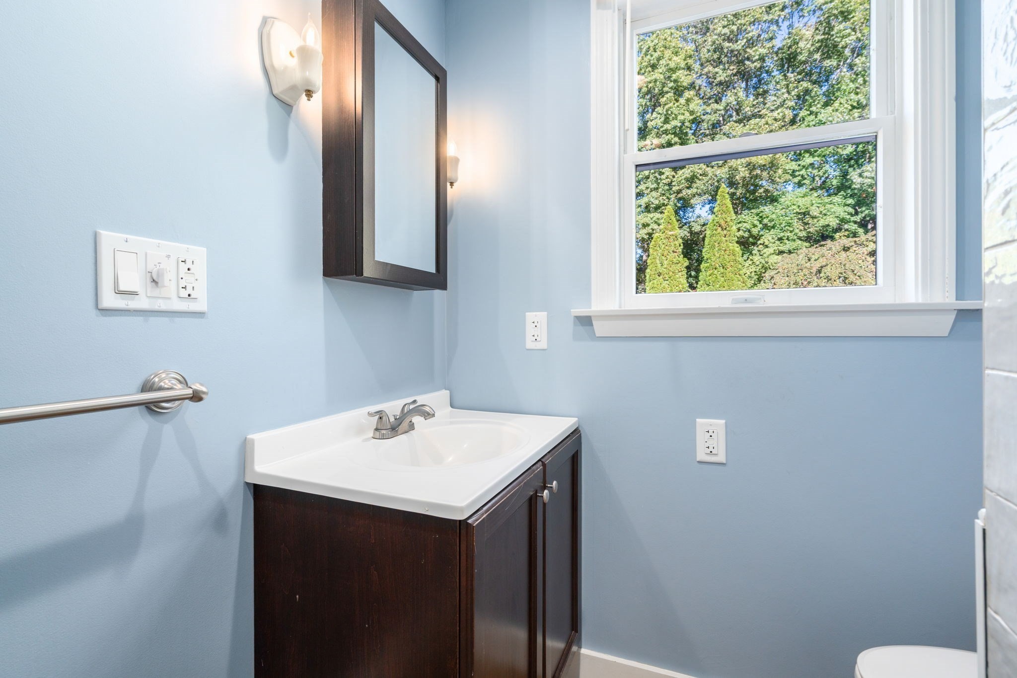 Bathroom vanity with a white sink, dark wood cabinet, and large window overlooking trees.
