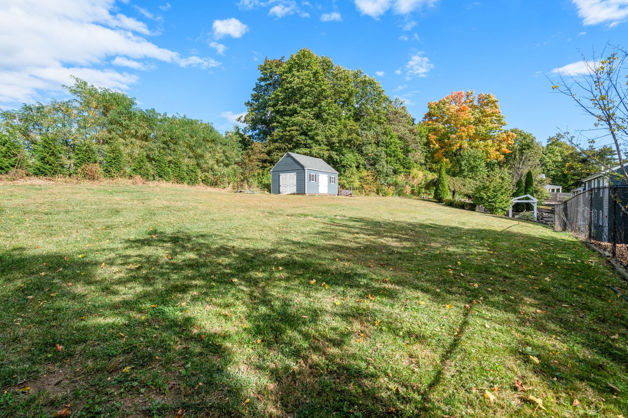 Grassy backyard with a gray shed, mature trees, and a fenced area.
