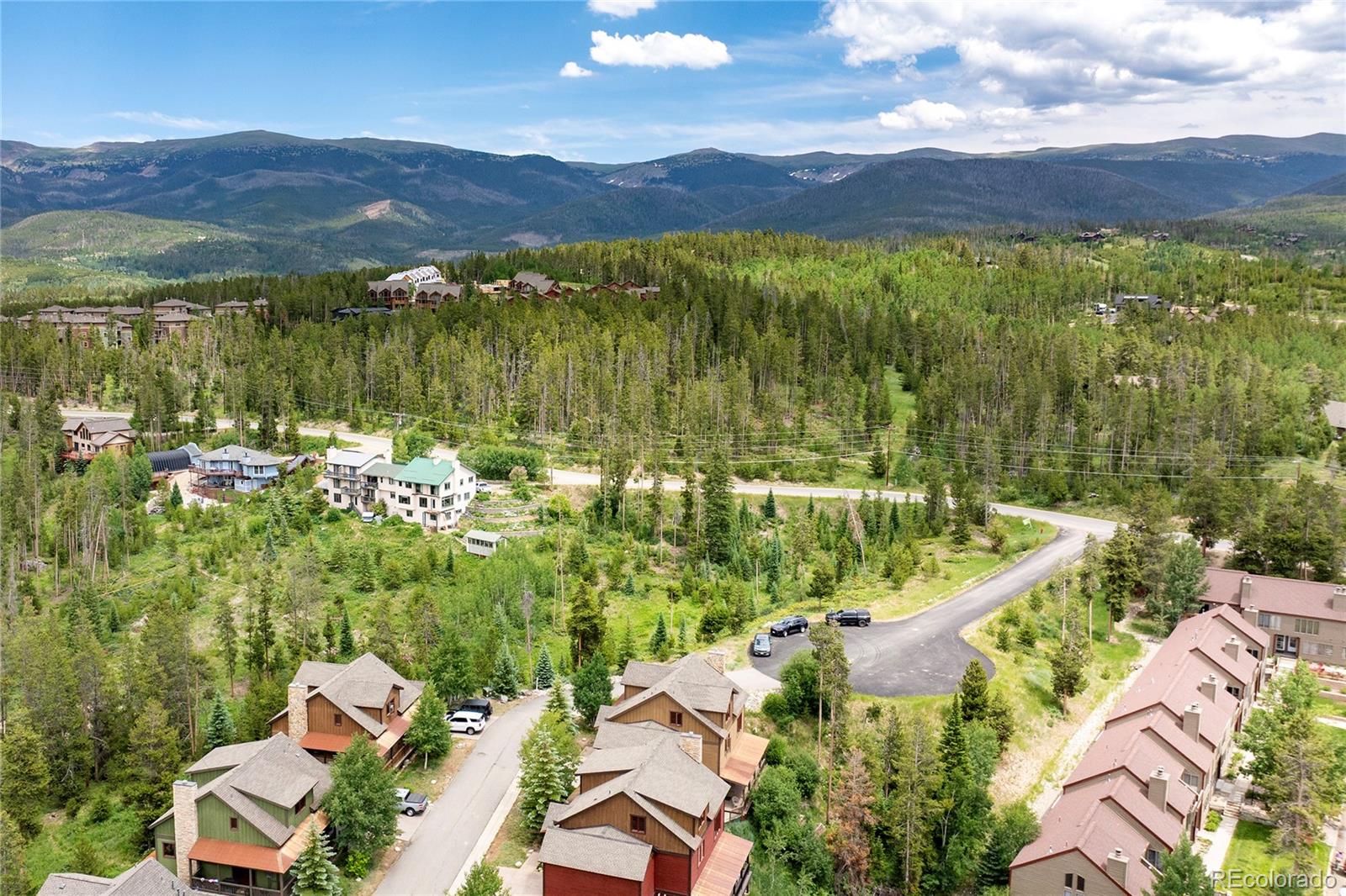 Aerial view of homes among pine trees, with a winding road and forested mountains in the distance.