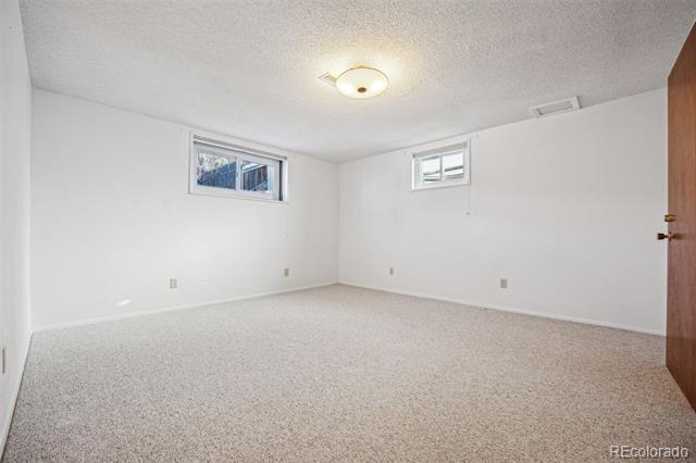 Empty carpeted room with two high-set windows and a ceiling light.