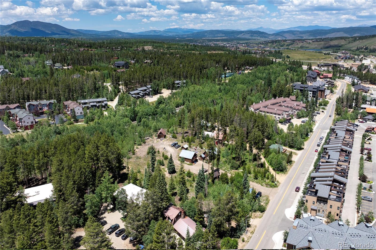 Aerial view of a forested neighborhood and road, with mountain ranges in the distance.