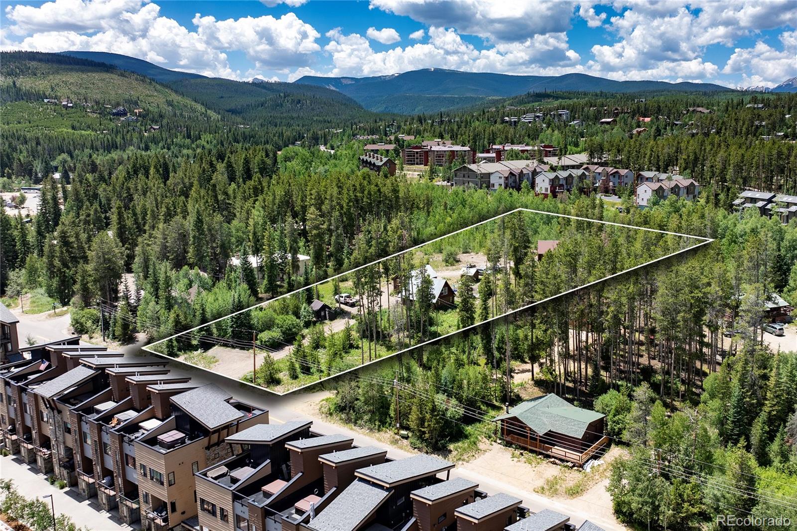 Aerial view of a wooded property lot outlined among homes, with forested mountains beyond.