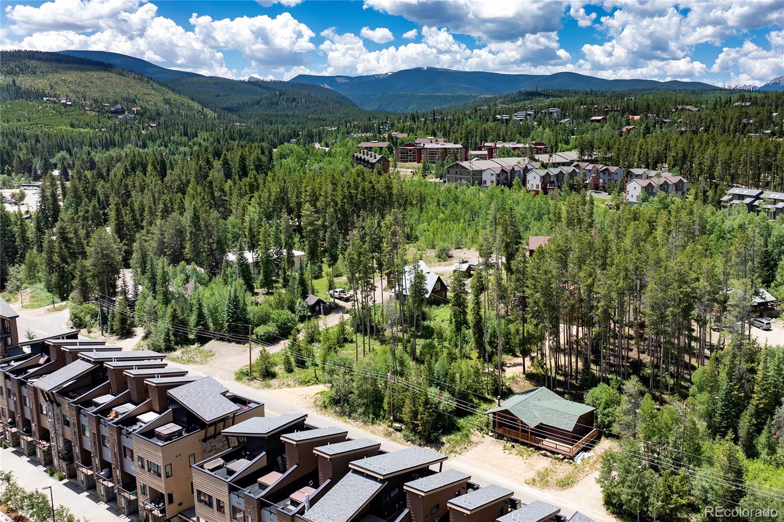 Aerial view of homes among pine forest, with mountain ridges in the distance.
