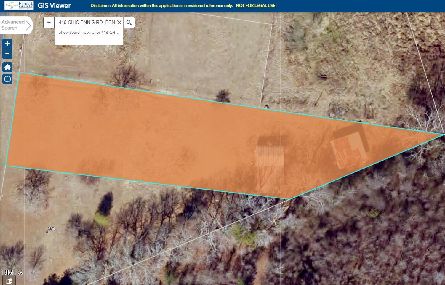 Aerial map of parcel 416, a long rural lot outlined in cyan with two buildings.