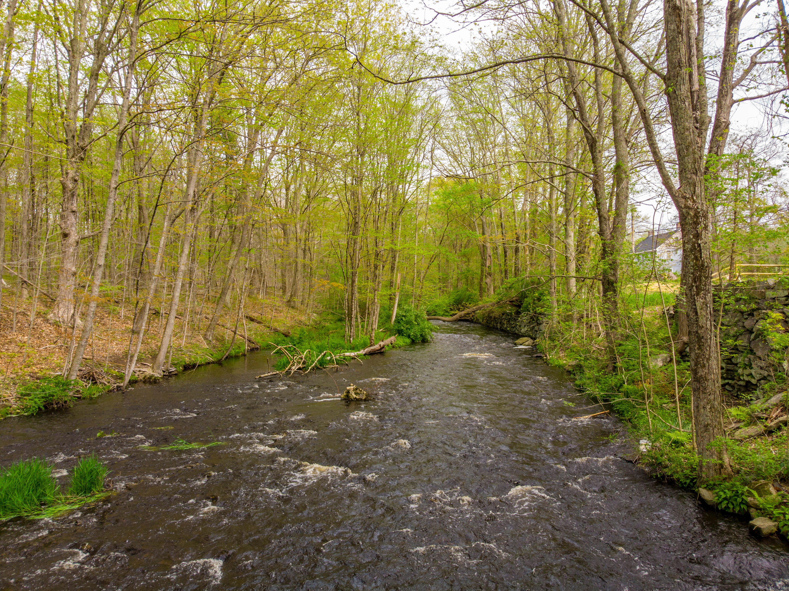 Wooded stream beside the property, with a stone wall and a glimpse of a house.