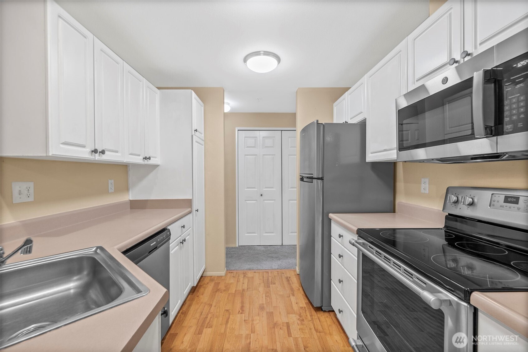 Kitchen with white cabinets, stainless-steel appliances, and wood-look flooring.