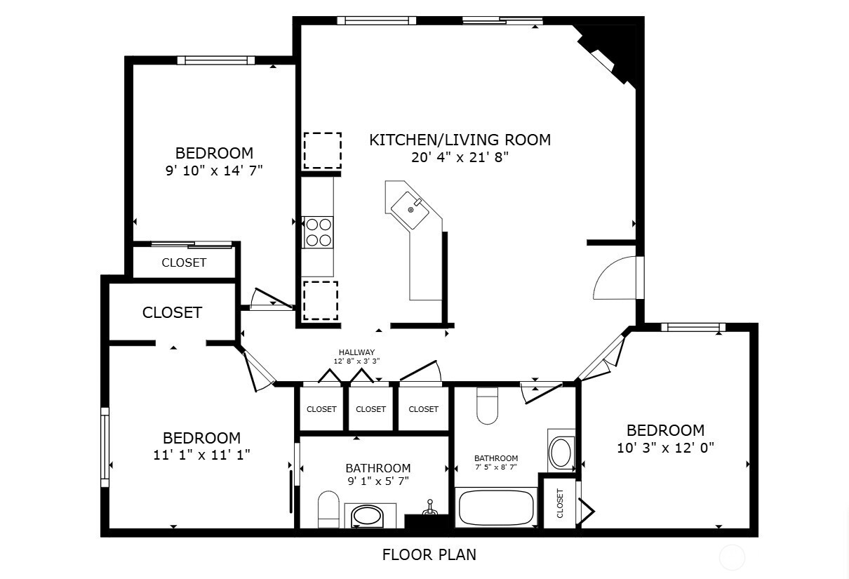Floor plan showing three bedrooms, two bathrooms, and an open kitchen and living room.