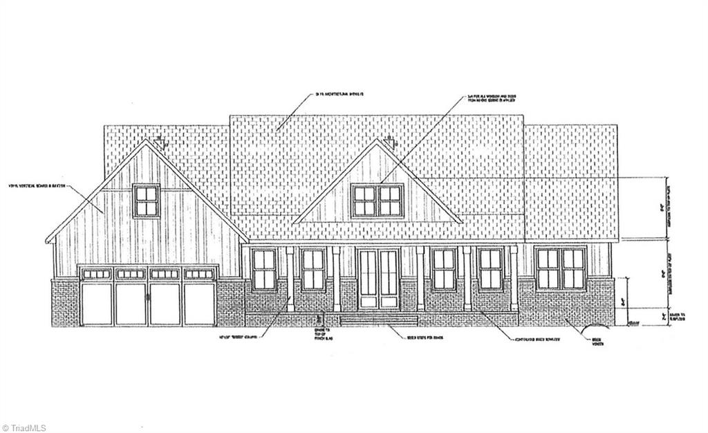 Front elevation drawing of a brick house with a gabled roof and three-car garage.