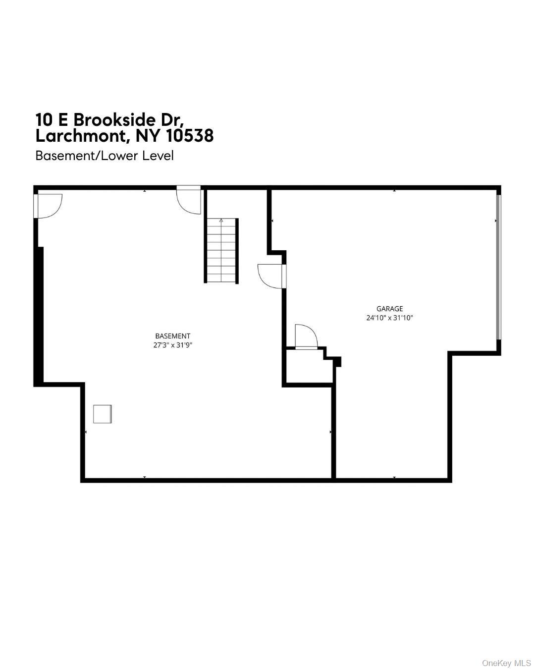 Basement and lower-level floor plan showing the basement, garage, stairs, and dimensions.