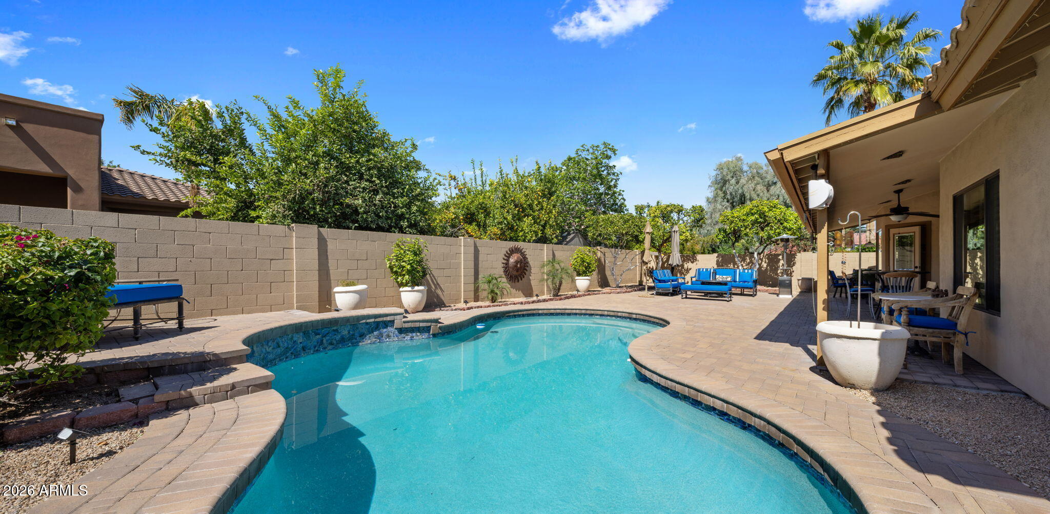 Curving backyard pool beside a covered patio with blue lounge furniture and potted plants.