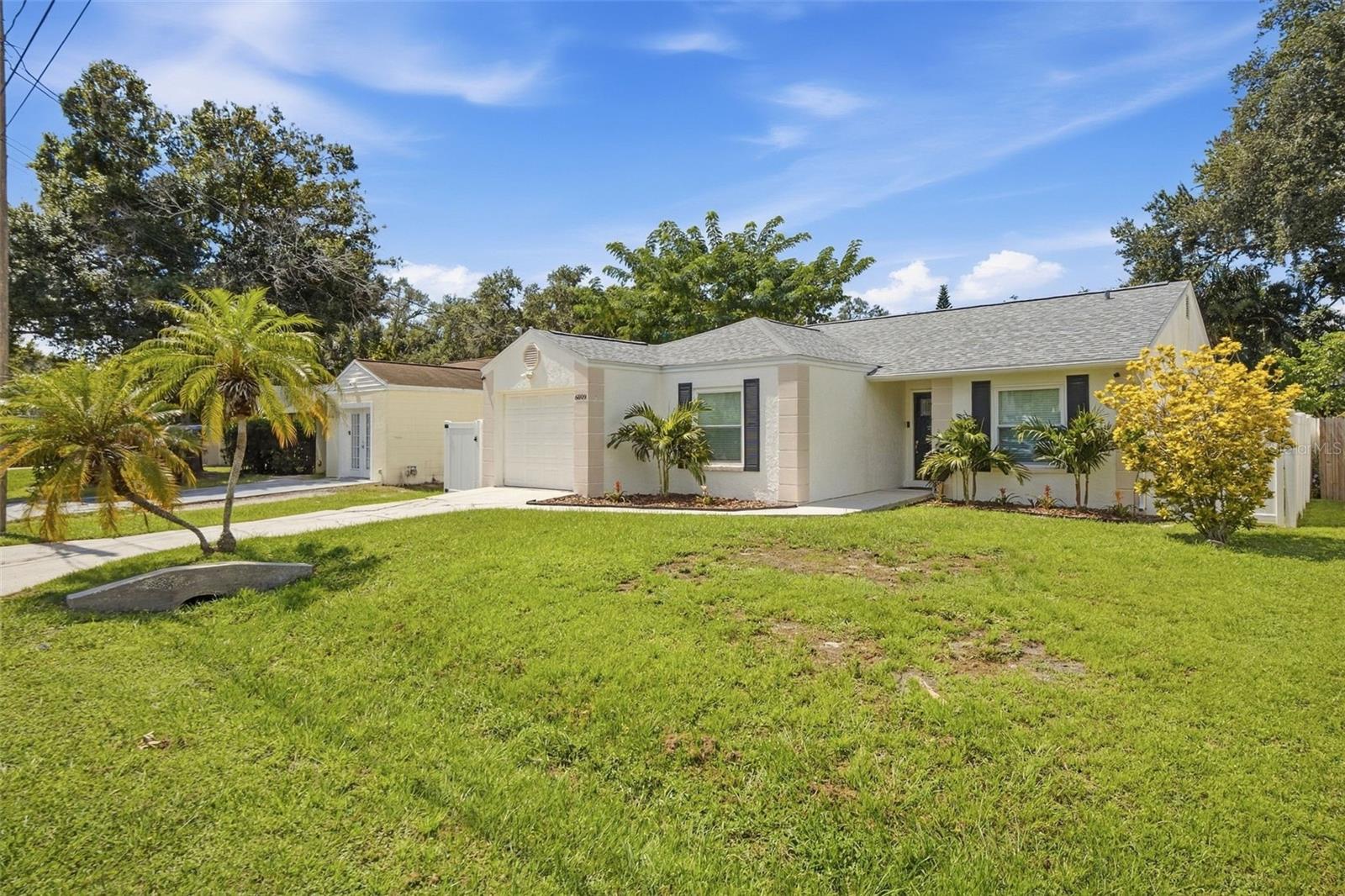 Single-story light-colored home with an attached garage, palm trees, and a broad front lawn.