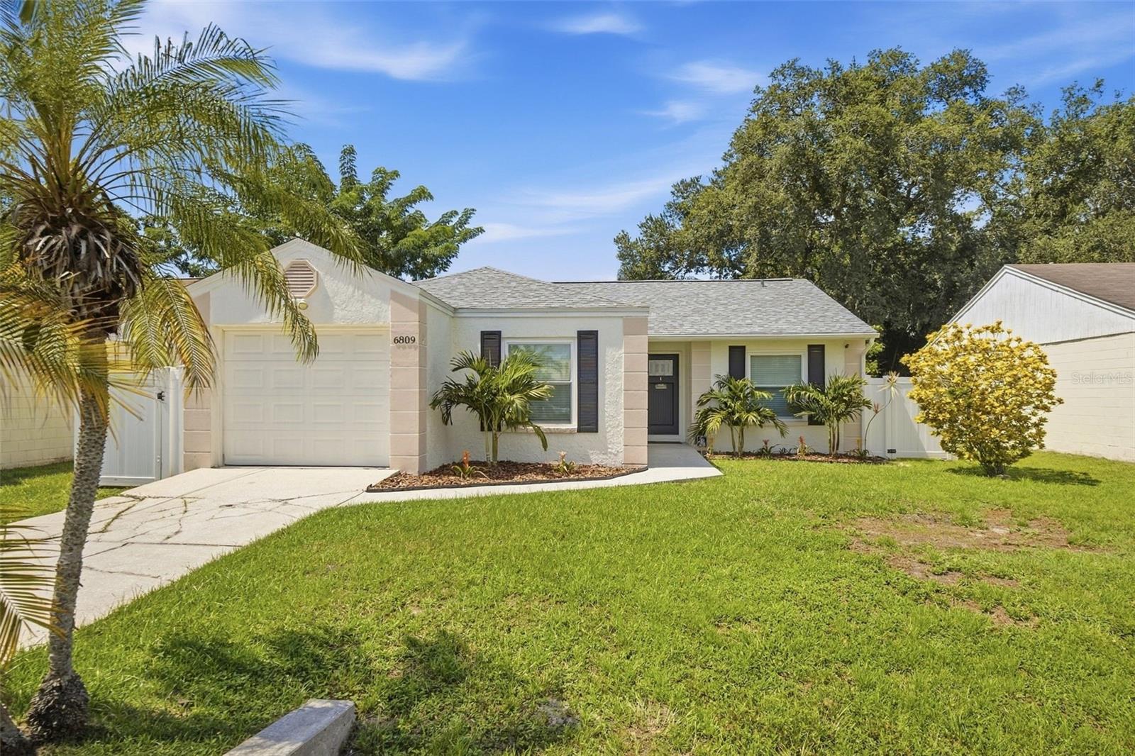Single-story white stucco home with an attached garage, dark shutters, and a palm-framed lawn.