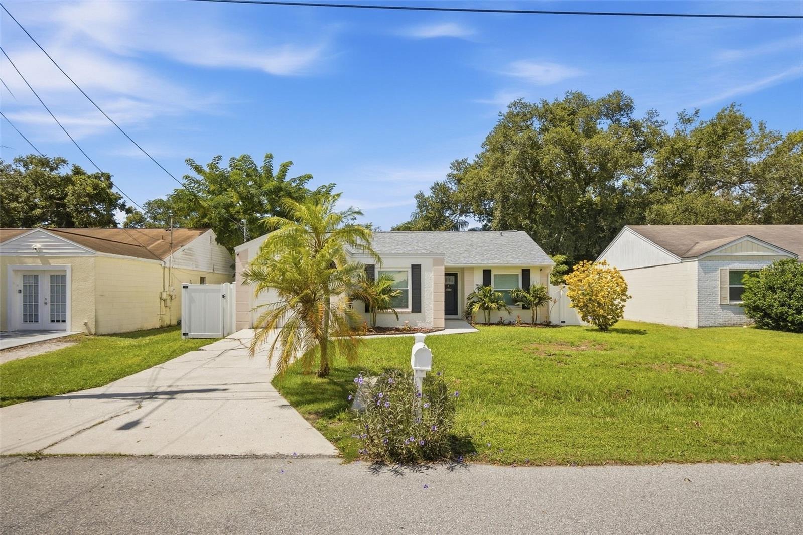 Single-story home with a concrete driveway, green lawn, and palm trees in front.