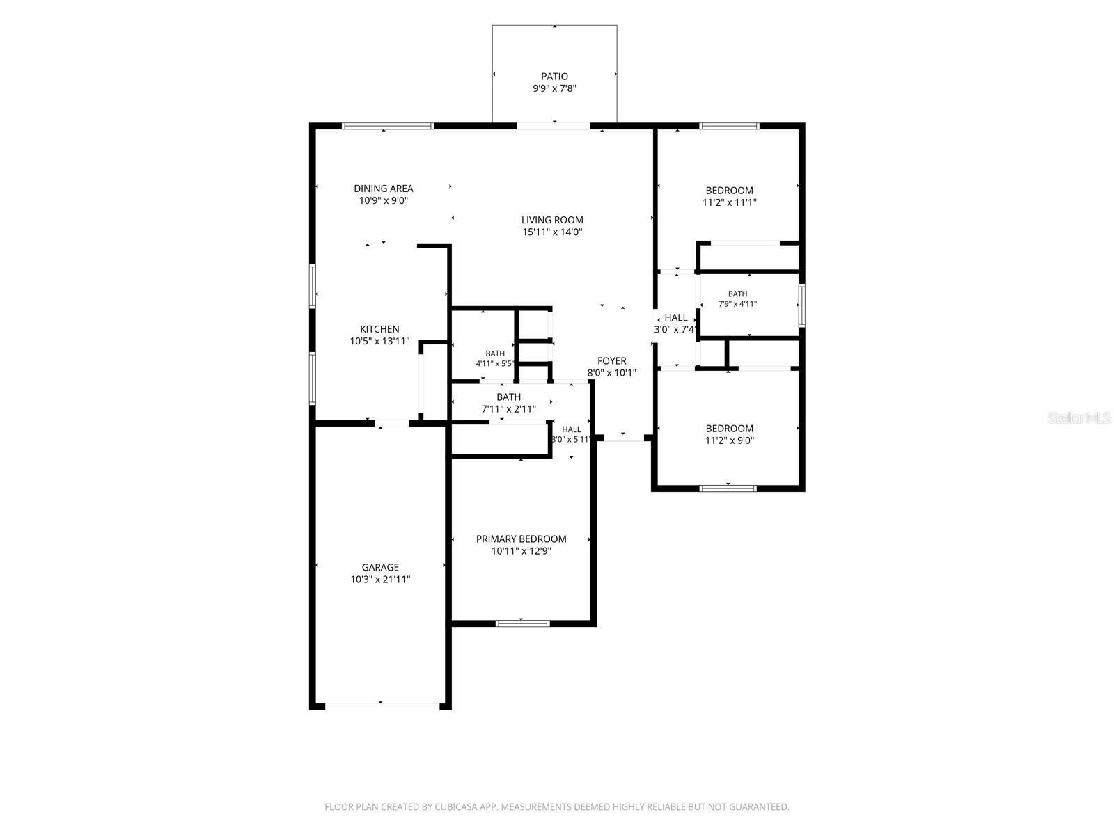 Home floor plan showing a garage, patio, living and dining areas, kitchen, three bedrooms, and bathrooms.