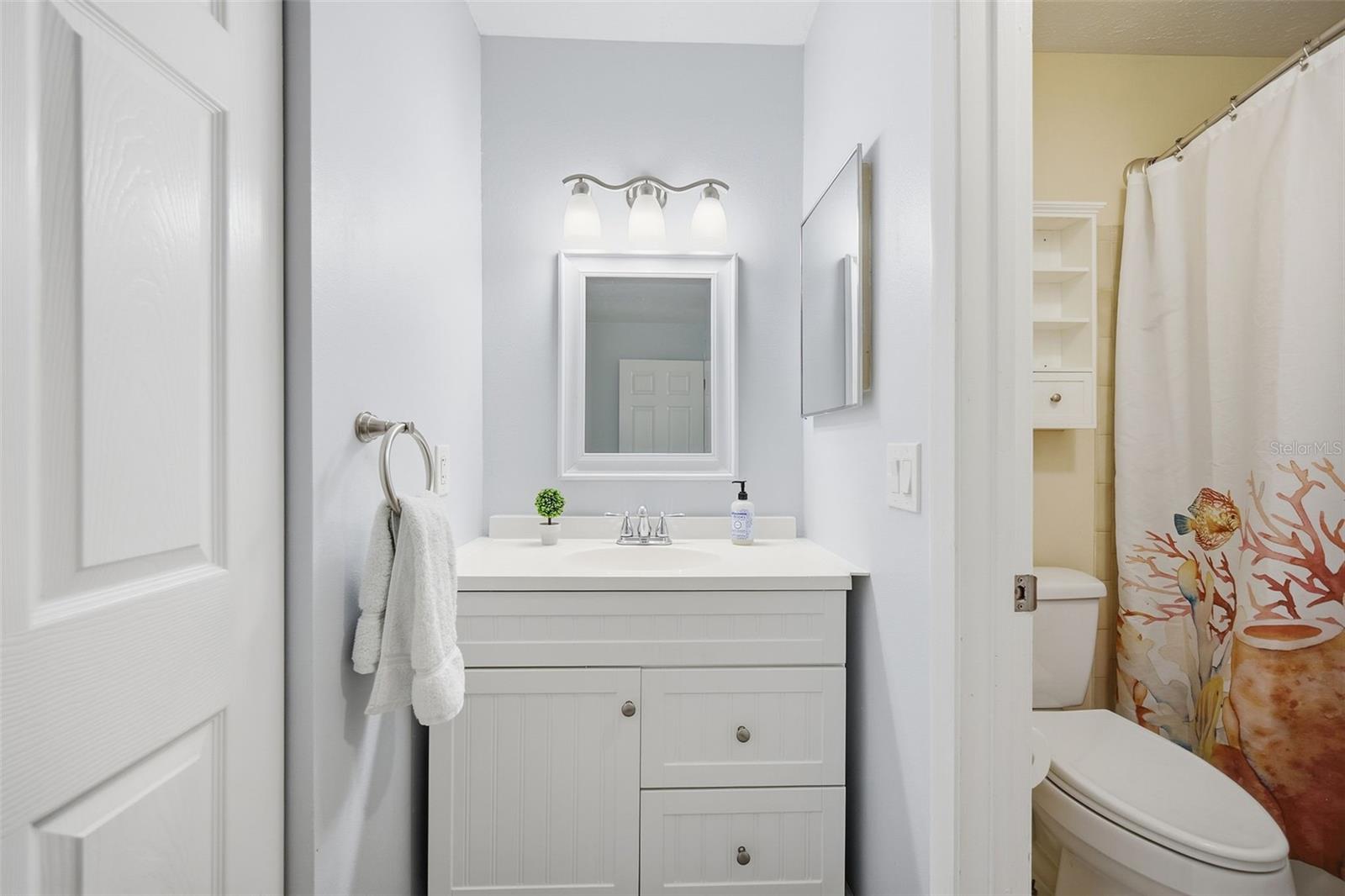 Bathroom with white paneled vanity, framed mirror, and colorful fish-patterned shower curtain.