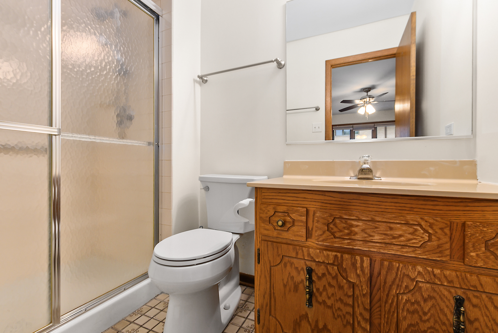 Bathroom with a frosted-glass shower, white toilet, and large wood vanity.