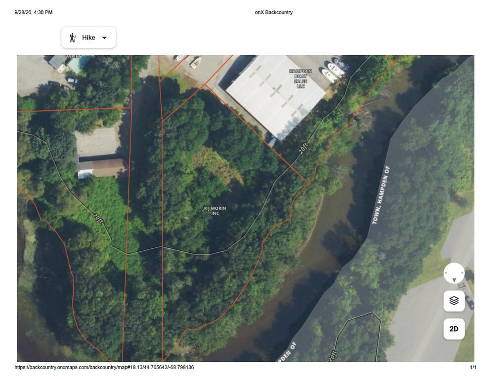Aerial map of wooded parcels along a river, with boundary lines and landowner labels.