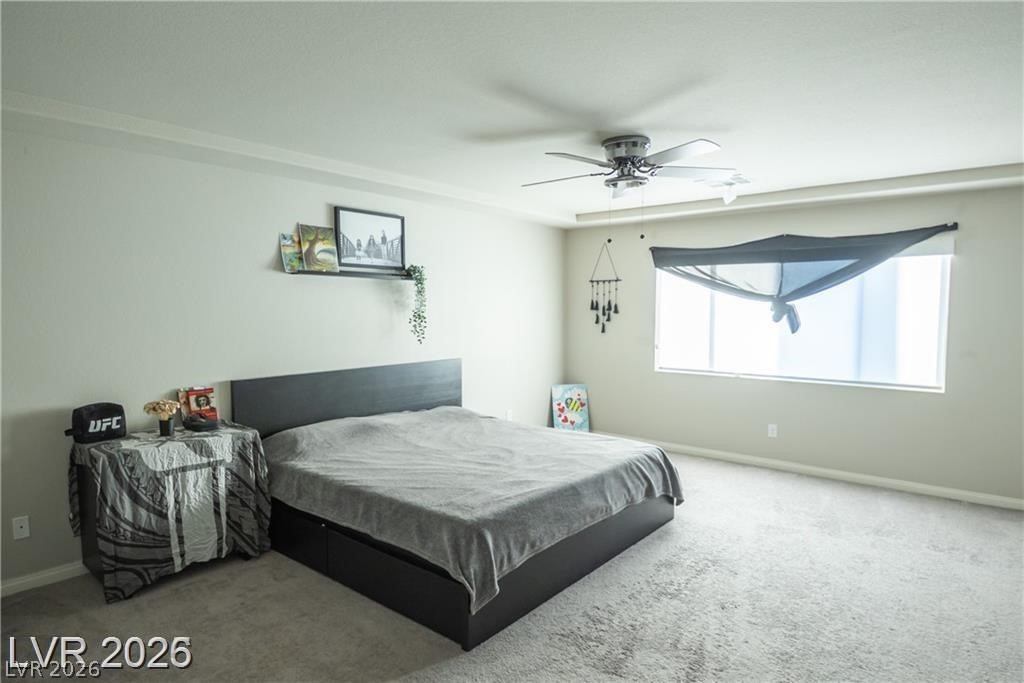 Bedroom with a large bed, gray carpet, and a wide window with a dark shade.