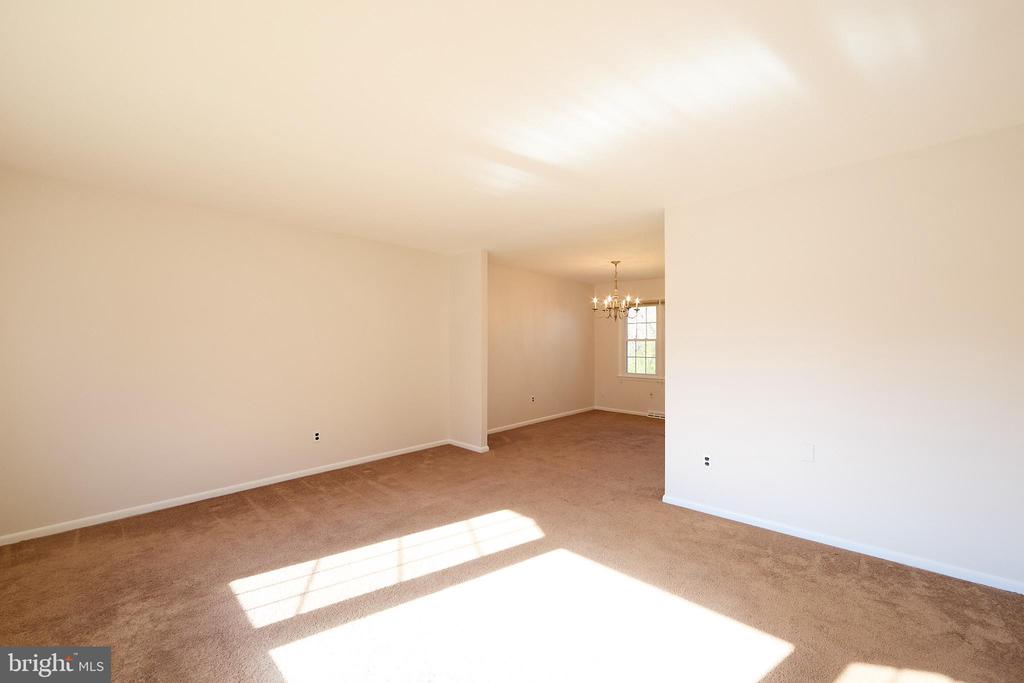 Vacant carpeted living room opening to a dining area, with sunlight streaming through the windows.
