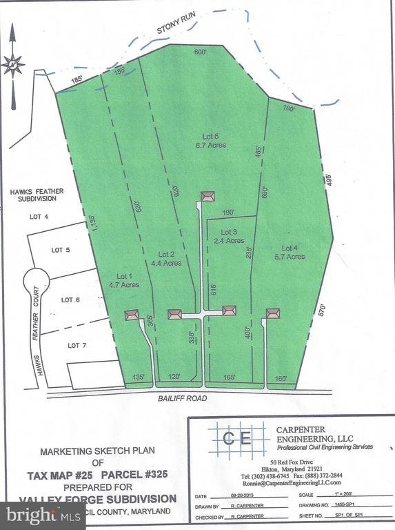 Marketing sketch plan dividing the Bailiff Road parcel into five labeled lots.