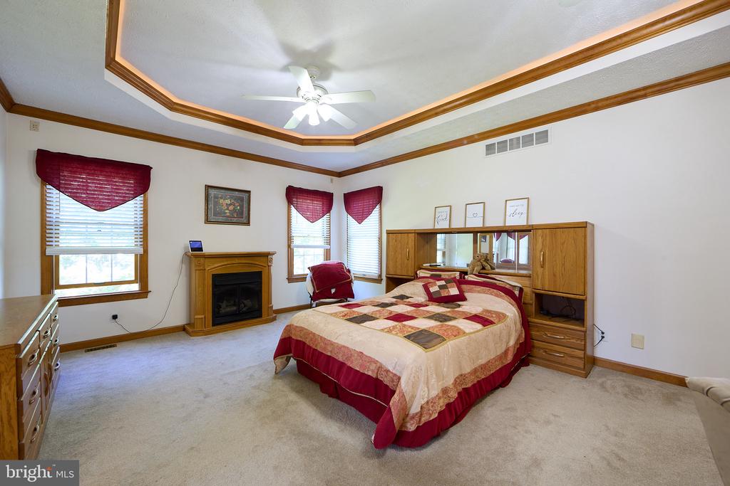 Bedroom with a tray ceiling, fireplace, and burgundy-accented bedding.