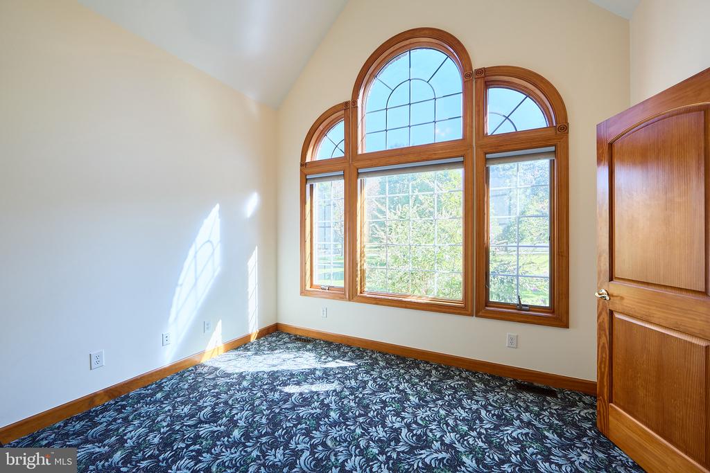 Empty room with patterned carpet and a large arched, wood-trimmed window.