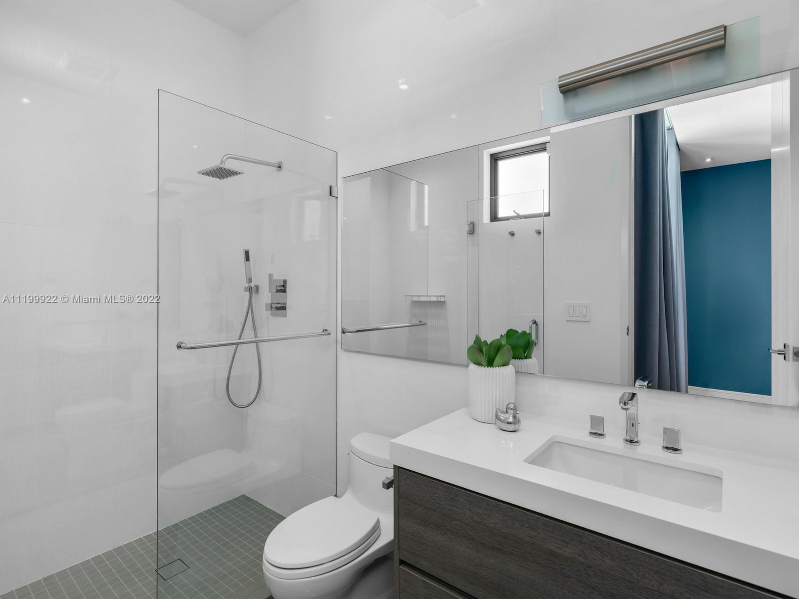 Modern bathroom with a glass walk-in shower, large mirror, and white vanity with dark wood cabinetry.