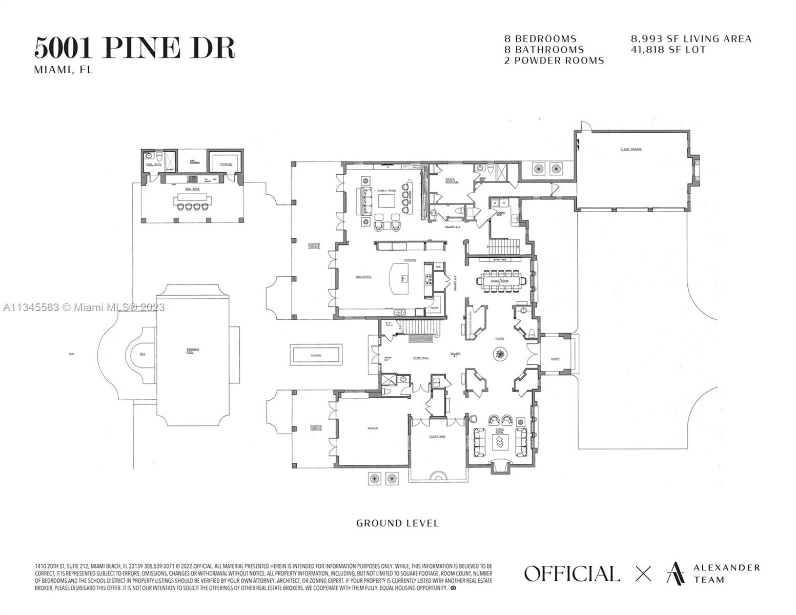 Ground-level floor plan for 5001 Pine Dr, showing the home's room layout, courtyard, terraces, and three-car garage.