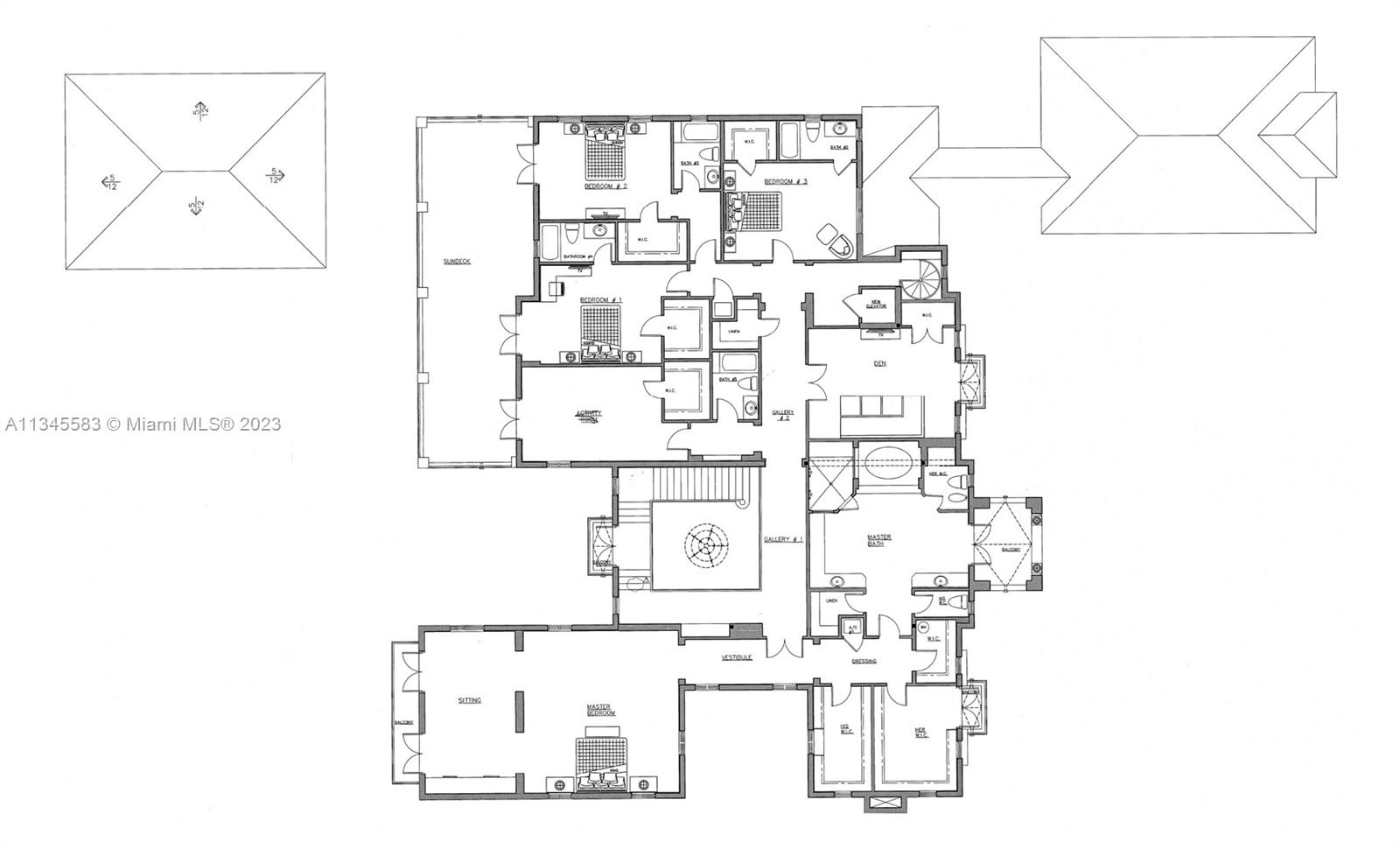 Floor plan showing bedrooms, a den, master suite, sitting room, galleries, and sundeck.