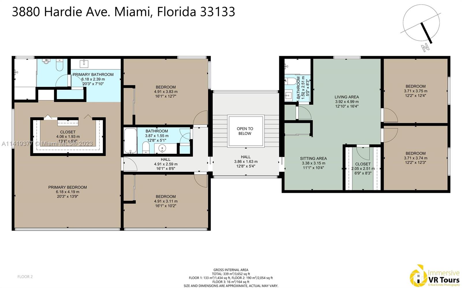 Second-floor plan showing bedrooms, bathrooms, living and sitting areas, and an open-to-below space.