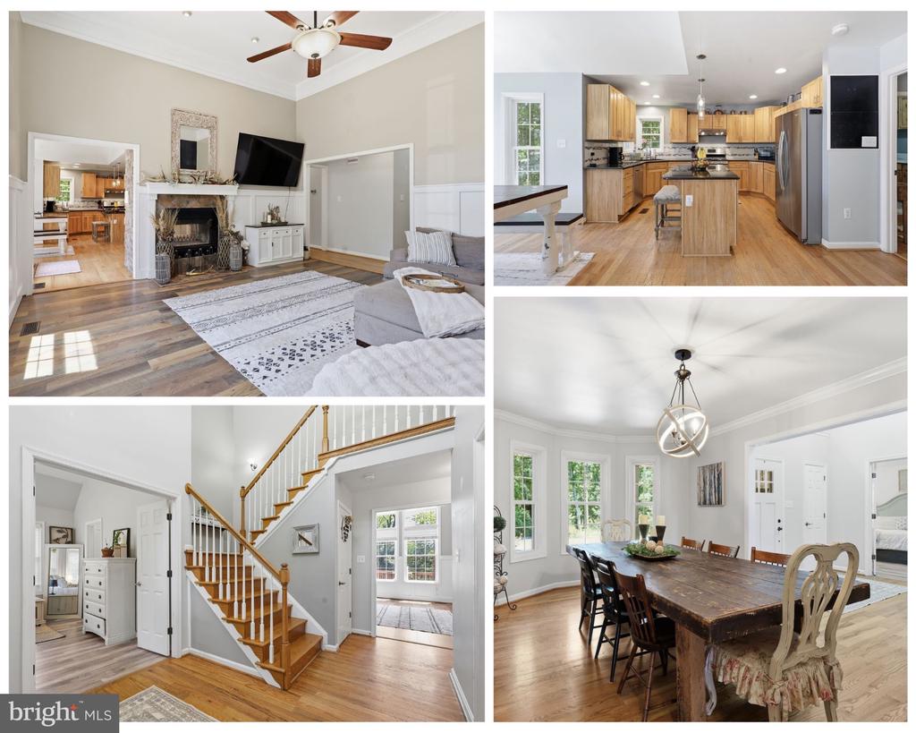 Home interior with a fireplace, wood-cabinet kitchen, staircase, and spacious dining room.