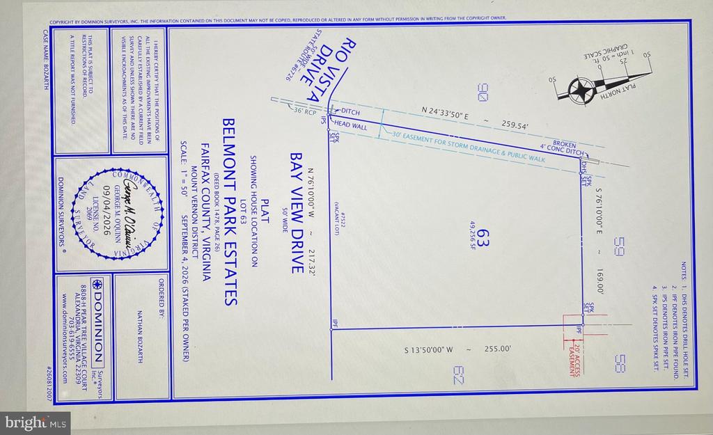 Property survey plat for lot 63 on Bay View Drive, showing boundaries and easements.