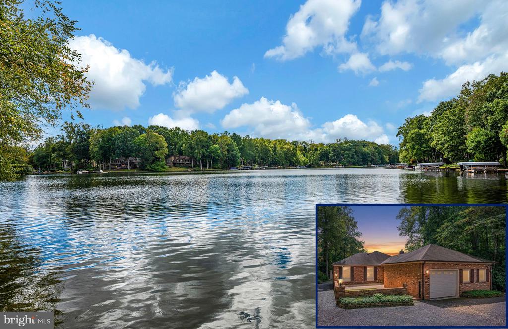 A broad lake view with a tree-lined shore and an inset photo of a brick home.