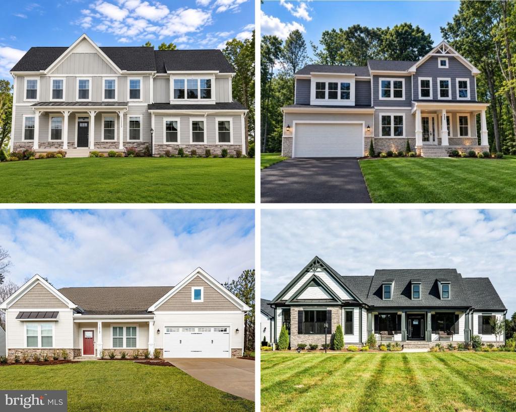 Four suburban homes with varied exterior styles, porches, garages, and landscaped lawns.