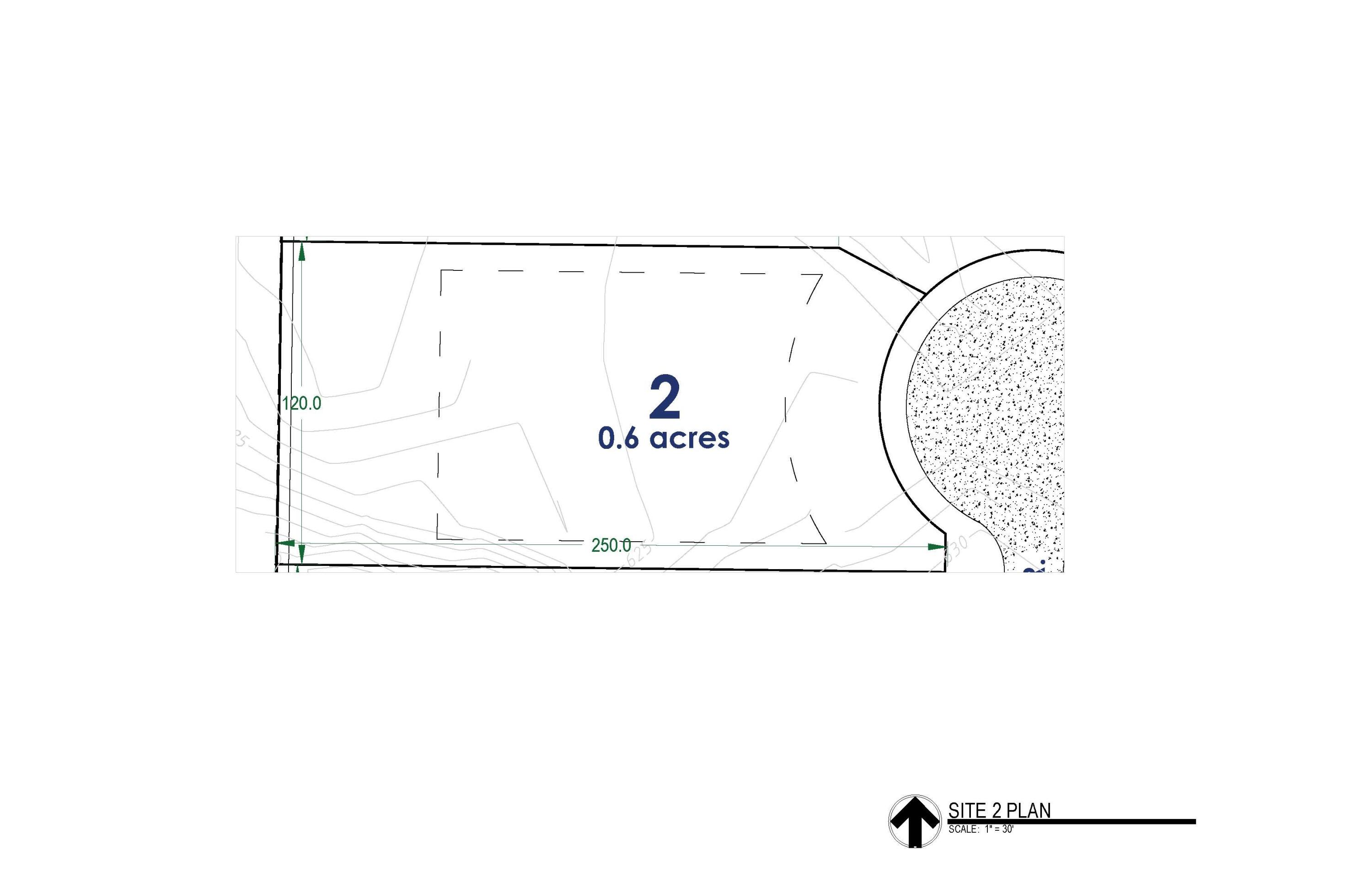 Site plan for lot 2, showing a 0.6-acre parcel with boundary dimensions and contour lines.