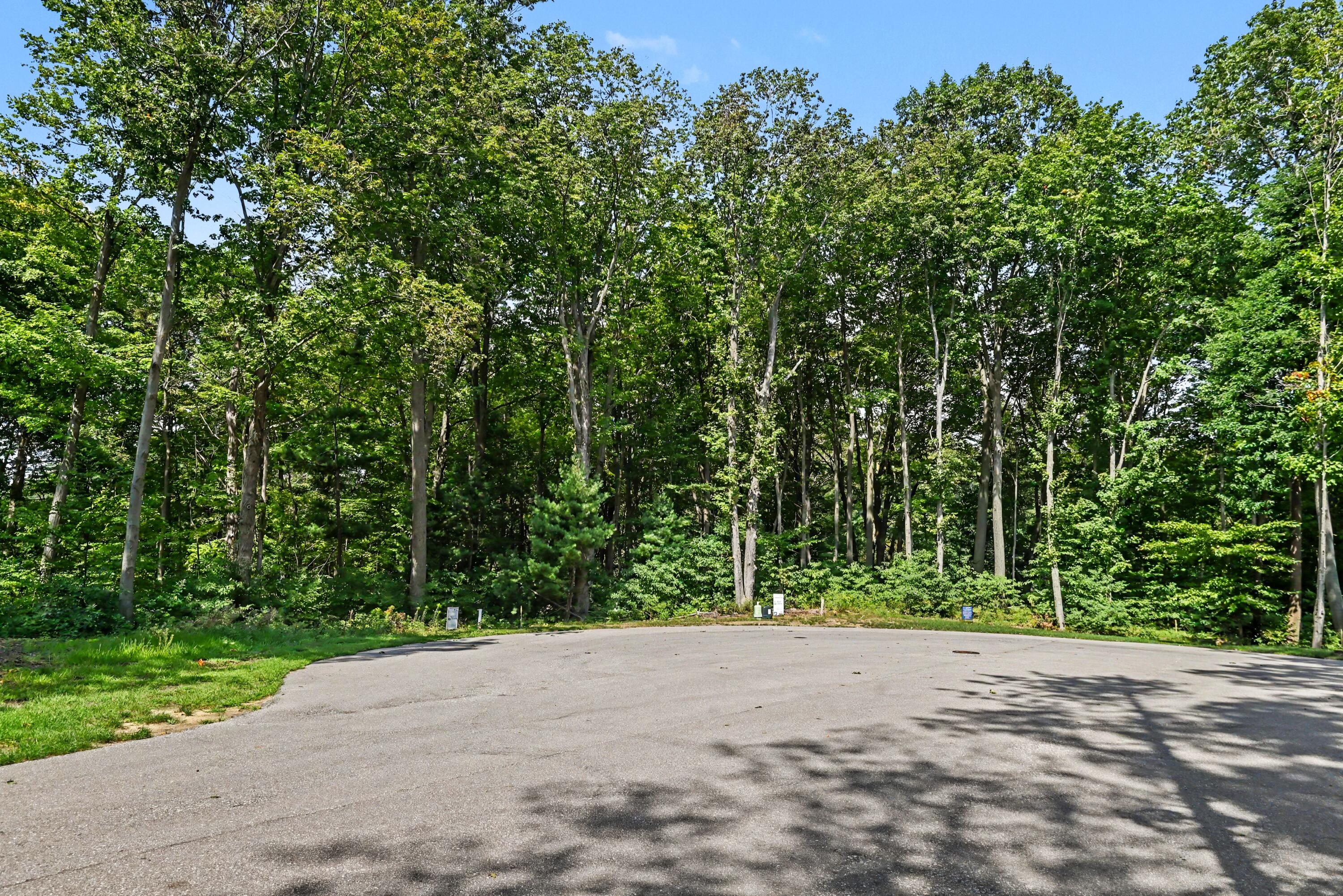 Wooded vacant lot bordering a paved cul-de-sac, with mature trees and utility markers.