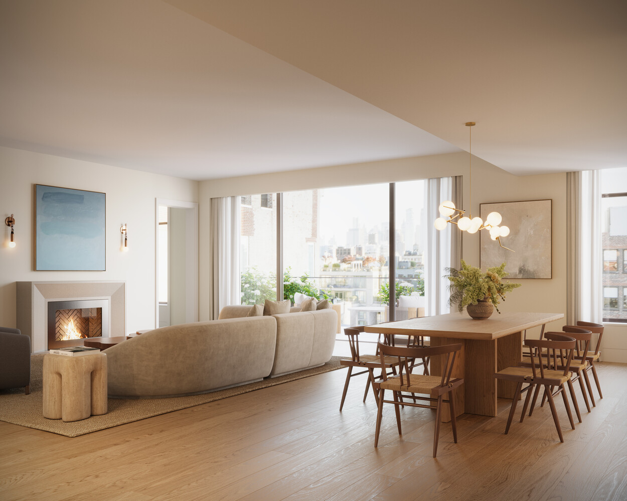 Open-plan living and dining room with a fireplace, floor-to-ceiling windows, and city views.