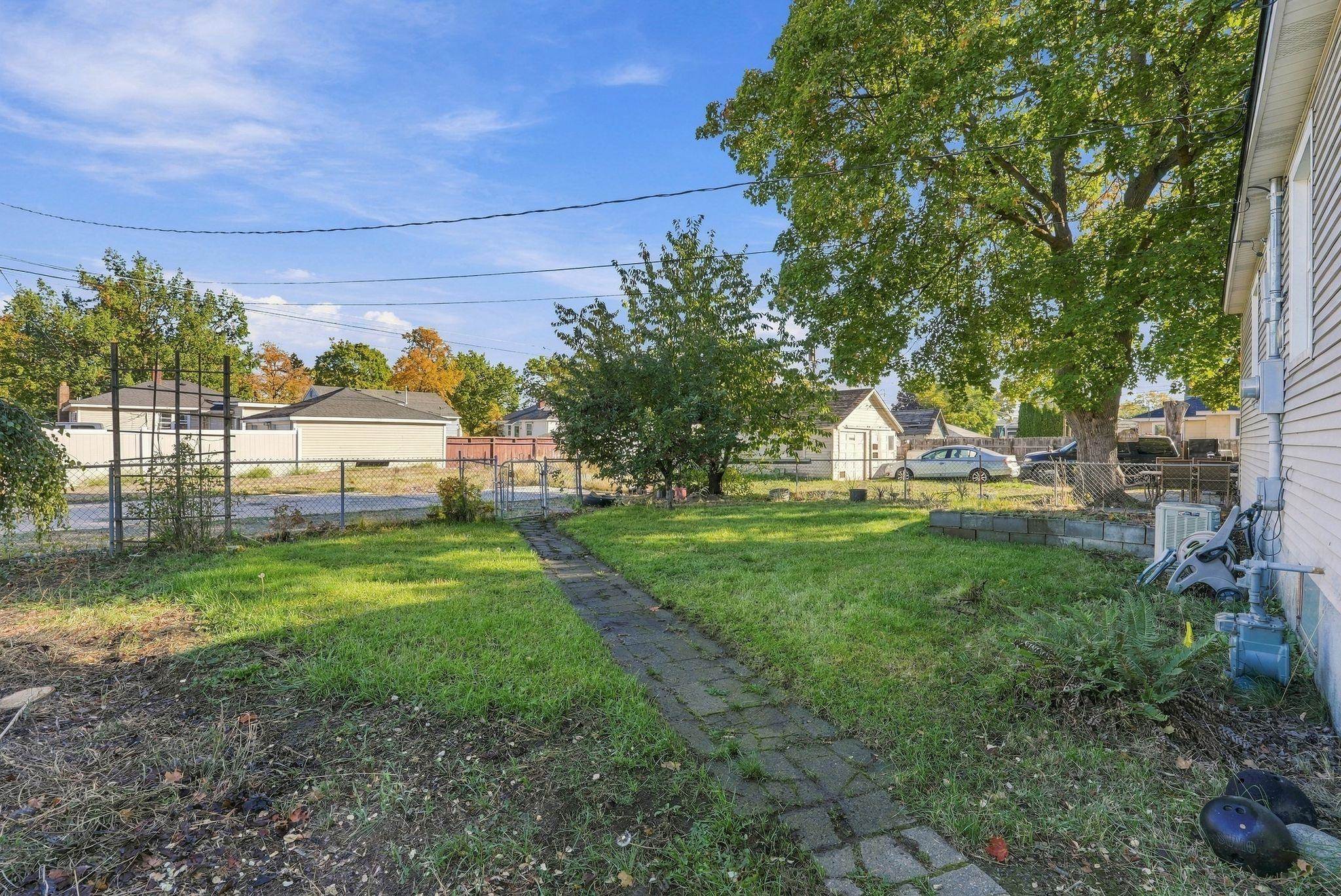 Backyard lawn with a paved walkway, chain-link fence, and large shade tree.