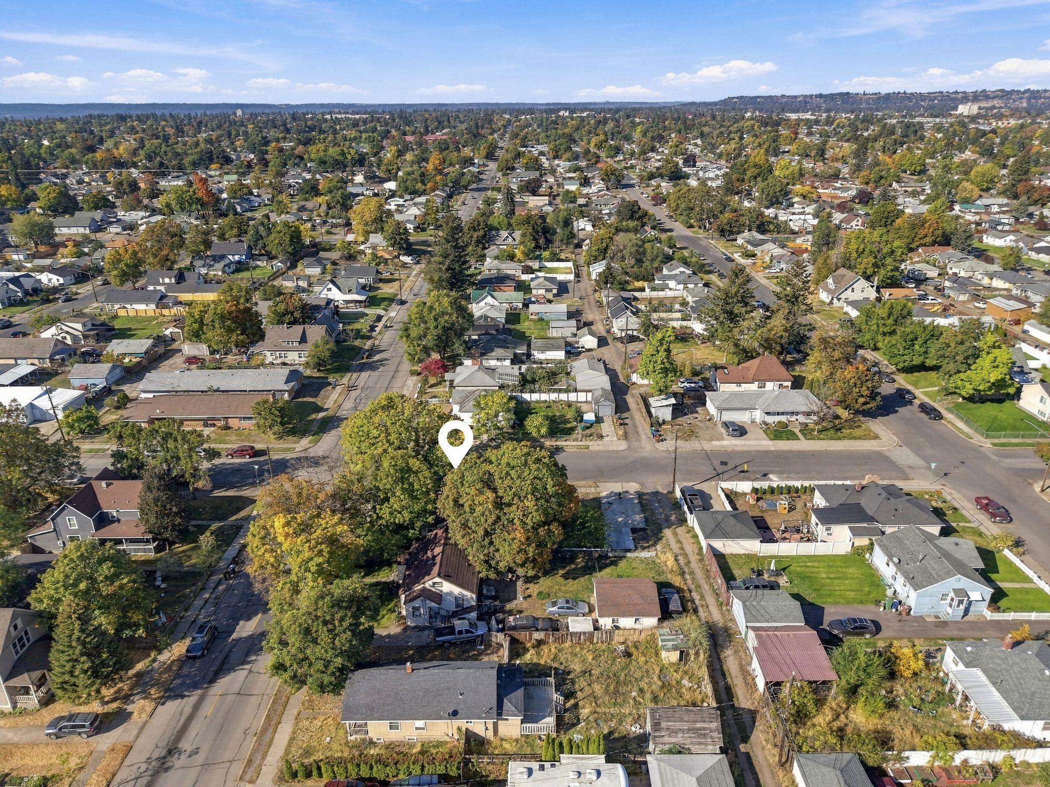 Aerial view of a residential neighborhood, with a white map pin marking a tree-shaded property.