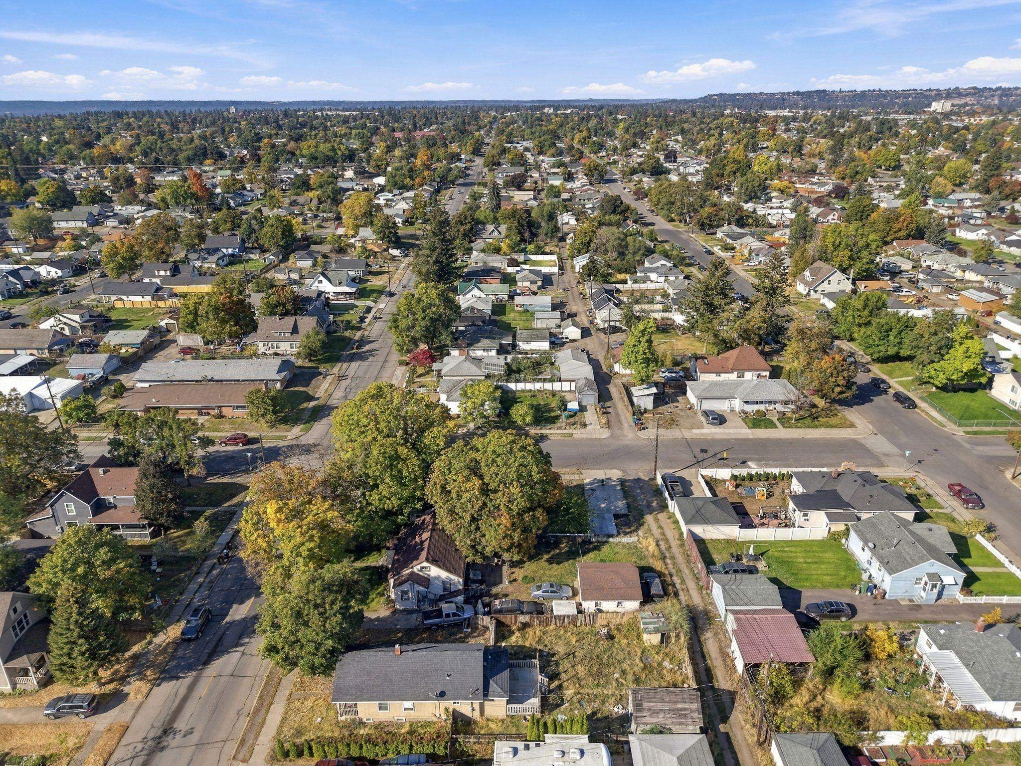 Aerial view of a tree-lined Spokane neighborhood with homes and intersecting streets.